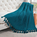 Chunky Knit Throw Blanket with Braided Tassels 50" x 60", Hand Knitted Soft Thick Yarn Basket Weave Boho Farmhouse Blanket, Plush Fluffy Tassel Decor Throw for Couch Bed Sofa, Dark Teal