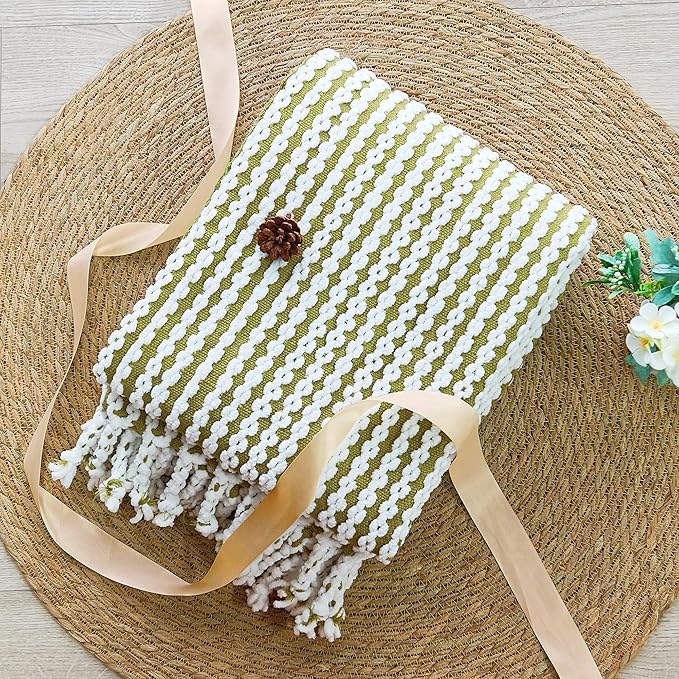 Striped Knit Throw Blanket with Braided Tassels 50" x 60", Hand Knitted Soft Chunky Chain Design Boho Farmhouse Blanket, Two Tone Tassel Decor Throw for Couch Bed Sofa Outdoor, Olive White