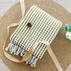 Striped Knit Throw Blanket with Braided Tassels 50" x 60", Hand Knitted Soft Chunky Chain Design Boho Farmhouse Blanket, Two Tone Tassel Decor Throw for Couch Bed Sofa Outdoor, Olive White