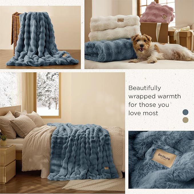 Bedsure GentleSoft Fluffy Fuzzy Twin Blanket, Soft Cozy Fleece Faux Fur Blanket, Pink Decorations Minky Velvet Couch Cover, Thick Warm Plush Women Men Birthday Gifts, 870GSM, Greyish Blue