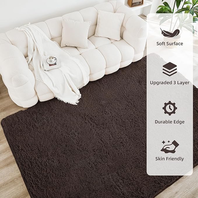 Litanika 6x9 Shag Area Rug for Living Room Bedroom, Brown High Pile Ultra Soft Plush Shaggy Furry Bedside Playroom Dorm Carpet, Non-Slip, Non-Shedding Modern Indoor Floor Rug