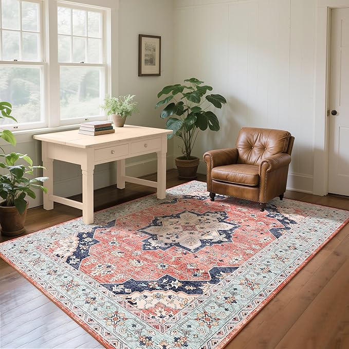 CRYPTOLITE Living Room Rug 7x10, Machine Washable Area Rug Non Slip Low Pile Vintage Rug for Living Room, Bedroom, Farmhouse, Dining Room, Kids Playroom, Red&Blue