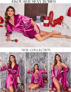Ekouaer Women's Satin Robe Valentines Lingerie for Women Kimono Bathrobe Short Ruffle Belted Robes Bridesmaids Sleepwear