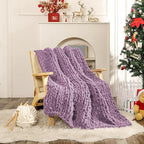 WESHIONGOO Chunky Knit Blanket Throw 51"×63" Knitted Throw Blankets for Couch Bed Fluffy Soft Blanket with Jumbo Chenille Yarn Thick 100% Handmade(Lilac)