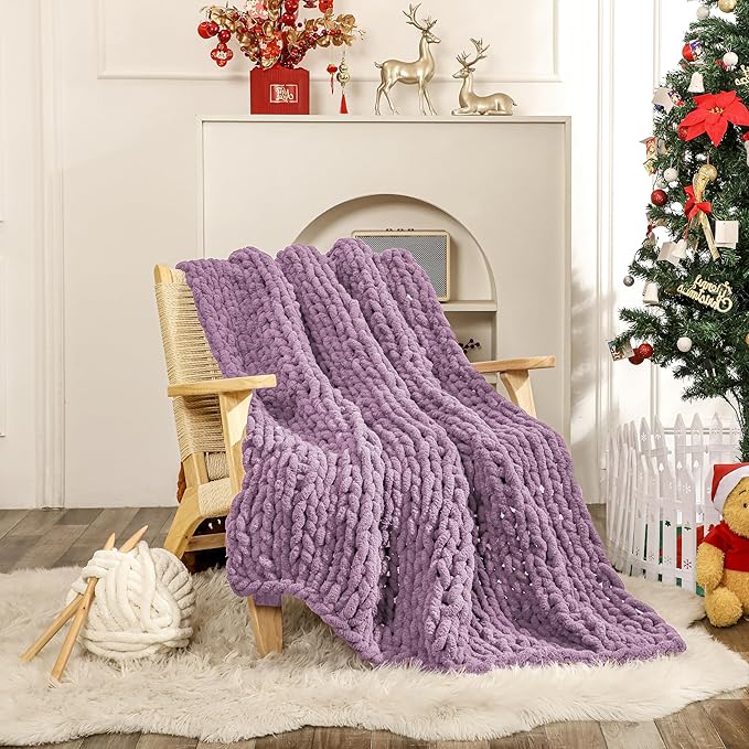 WESHIONGOO Chunky Knit Blanket Throw 51"×63" Knitted Throw Blankets for Couch Bed Fluffy Soft Blanket with Jumbo Chenille Yarn Thick 100% Handmade(Lilac)