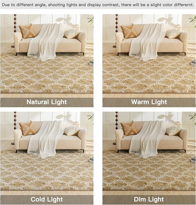Litanika 3x5 Geometric Shag Area Rug for Bedroom, Camel and White High Pile Ultra Soft Plush Shaggy Furry Bedside Playroom Dorm Carpet, Non-Slip, Non-Shedding Indoor Floor Rug