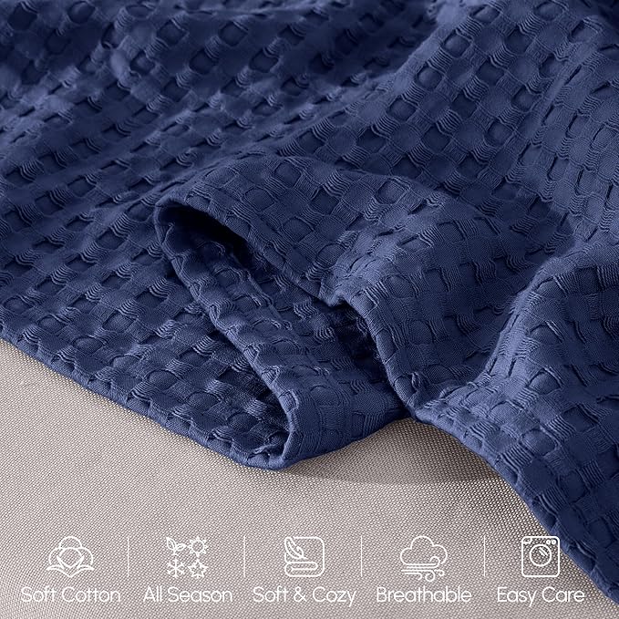 Elegant Comfort Premium 100% Cotton Waffle Blanket - Lightweight Breathable Waffle Weave Bed Blanket - Soft and Warm All Season Blanket for Couch, Sofa and Bed, Queen Size 90x90 Inches, Navy Blue