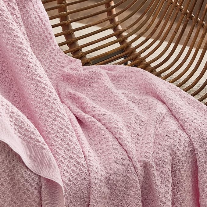 Bedsure Gentlesoft 100% Cotton Blanket Queen Size for Bed - Breathable and Soft for Spring Summer, Thick Cozy Waffle Weave Blanket Gifts for Women, Pink, 90x90 Inches