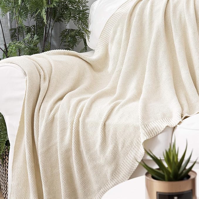 Longhui bedding Cotton Cable Knit Throw Blanket for Couch Sofa Bed, Home Decorative, Lightweight Woven Blankets with Bonus Laundering Bag, 50“ x 60”, Beige