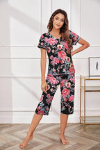 Ekouaer Women's Sleepwear Capri Pajama Sets Short Sleeve Two-Piece Pjs V Neck Tops & Capri Pants with Pockets S-3XL