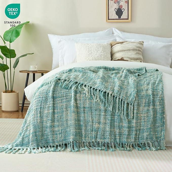 Multi-Color Turquoise Cable Woven Throw Blanket for Couch,60"X80" Boho Style Textured Blankets for Home Decor,Super Soft Warm Cozy Chunky Blanket with Decorative Tassels for Bed