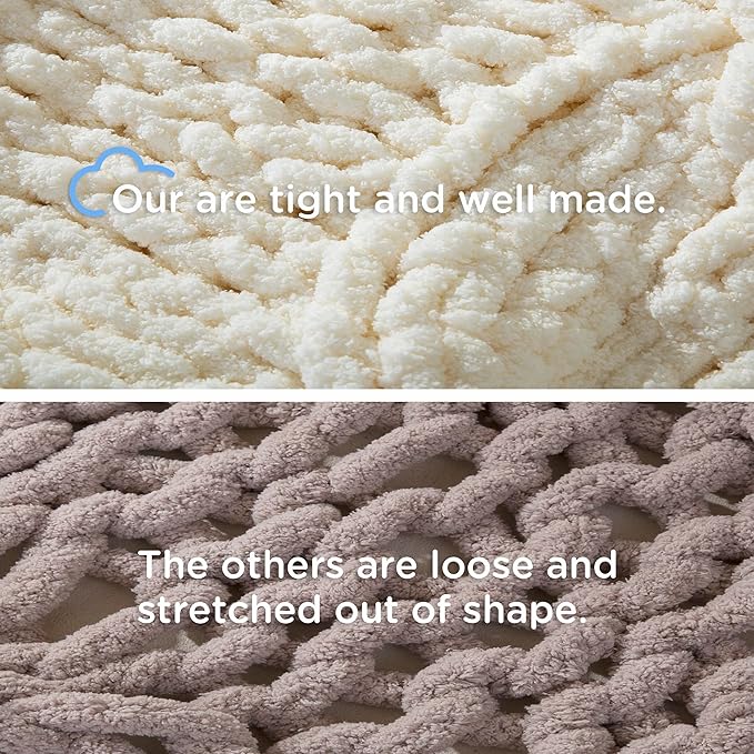 Chunky Knit Blanket Throw - 100% Hand Knitted Chunky Soft Throw Blanket for Couch, Thick and Warm Blanket for Winter, White, 50x60 Inches
