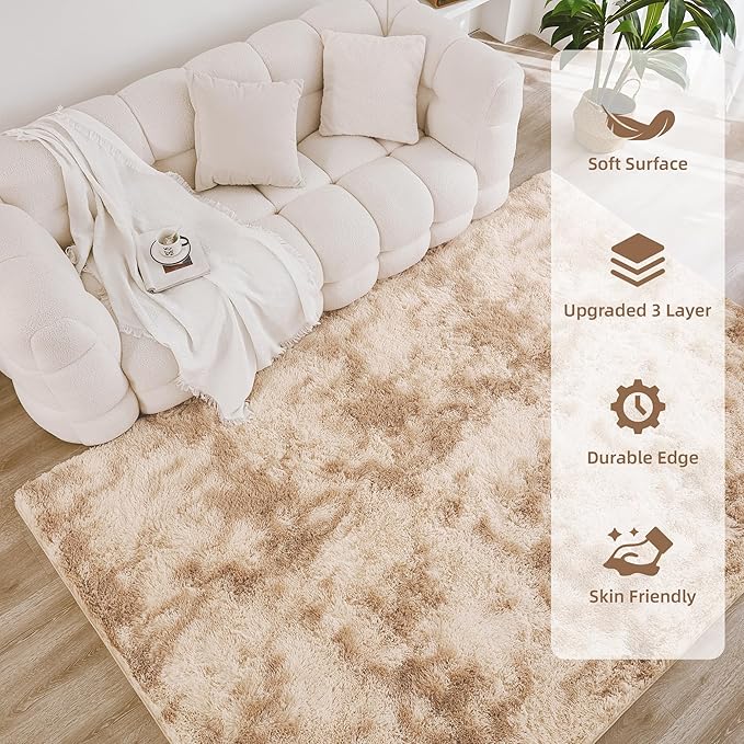 Litanika 6x9 Shag Area Rug for Living Room Bedroom, Tie-Dyed Beige High Pile Soft Plush Shaggy Furry Cream Bedside Playroom Dorm Carpet, Non-Slip, Non-Shedding Modern Indoor Floor Rug