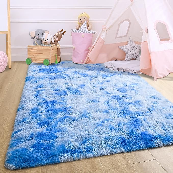Noahas 6x9 Area Rugs for Living Room,Tie-Dyed Blue Area Rug,Big Shaggy Rugs for Bedroom,Fluffy Large Carpet,Soft Kids Rug Non Slip Reduce Noise Room Decor