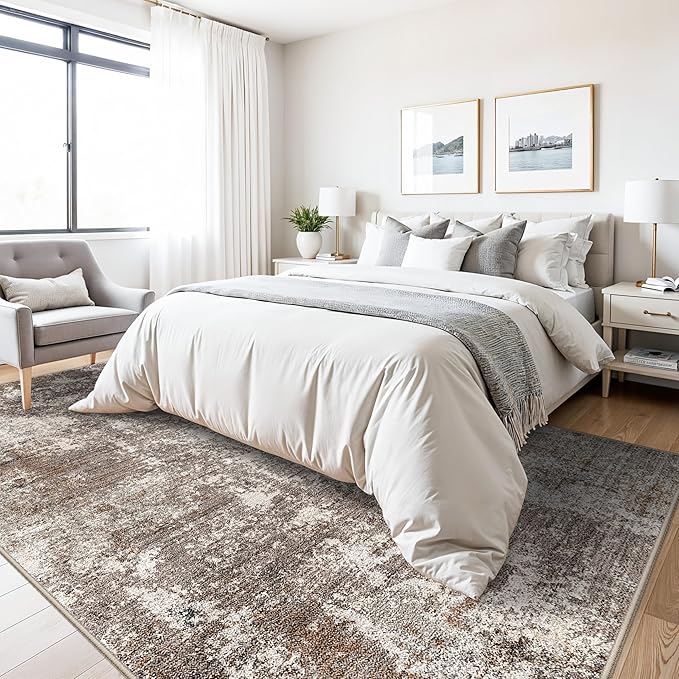 Area Rugs for Living Room: 6x9 Washable Neutral Abstract Rug for Bedroom Large Soft Modern Dining Room Rugs Indoor Floor Low Pile Carpet for Home Office (Brown Beige,6x9)