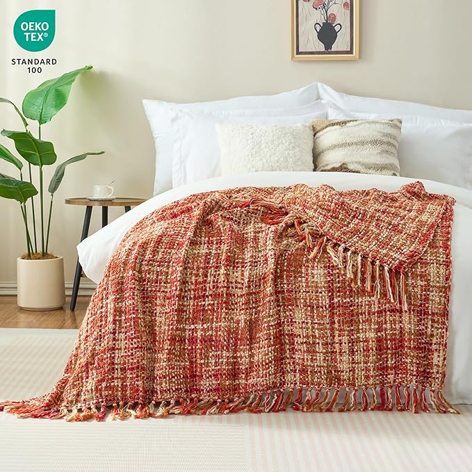 Multi-Color Dark Red Cable Woven Throw Blanket for Couch,50"X60" Boho Style Textured Blankets for Home Decor,Super Soft Warm Cozy Chunky Blanket with Decorative Tassels for Bed