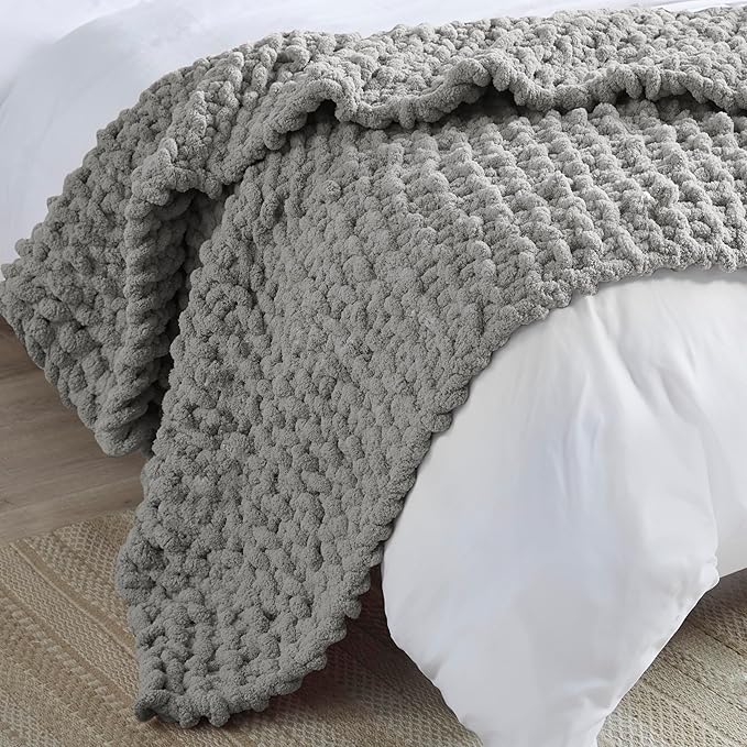 Madison Park Chenille Chunky Knit Handmade Throw Blanket, Luxuriously Soft Gift Blankets, Cottage Style Room Décor, Lightweight & Breathable All Seasons Throw Blanket for Couch, 50" W x 60" L Grey