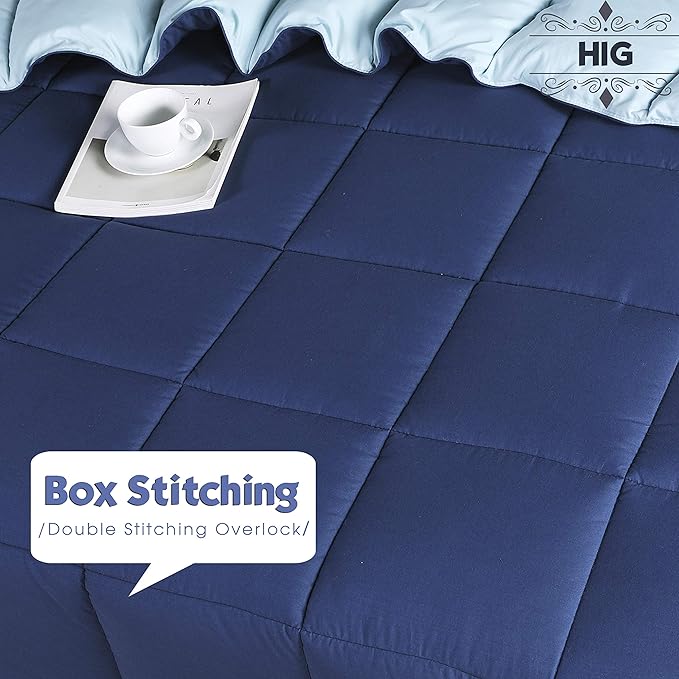 HIG 3pc Down Alternative Comforter Set - All Season Reversible Comforter with Sham - Quilted Duvet Insert with Corner Tabs - Box Stitched - Breathable, Soft, Fluffy (Twin/Twin XL, Navy/Light Blue)
