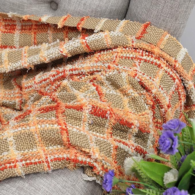 Multicolored Chenille Knitted Throw Soft Cozy Fluffy Reversible Boho Plaid Throw Blanket with Tassels for Couch Chair Bed Cover Living Room Bedroom Décor, 50" x 60", Burnt Orange