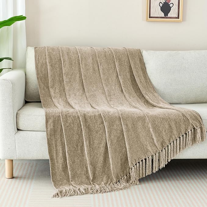 Chenille Throw Blanket for Couch with Tassels,60"X80" Soft Cozy Lightweight Knitted Boho Decorative Blankets for Bed and Sofa,Taupe