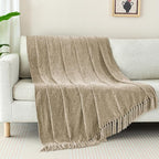 Chenille Throw Blanket for Couch with Tassels,60"X80" Soft Cozy Lightweight Knitted Boho Decorative Blankets for Bed and Sofa,Taupe