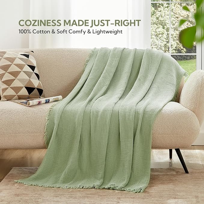 SOULFUL Muslin Throw Blanket with Tassels - Soft King Size Cotton Throw Blanket for Couch or Bed, Lightweight and Breathable Gauze for All Seasons, Grassgreen, 108" x 90"