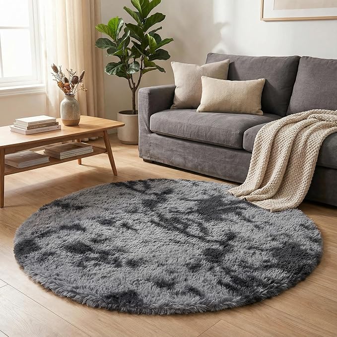 duduta Grey Round Rug for Kids Nursery Playroom, 4x4 ft Tie Dye Gray Fluffy Shag Rugs for Bedroom Classroom Dorm Decor, Washable Non Slip