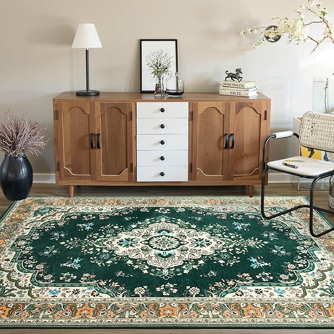 CRYPTOLITE Vintage Area Rug 5x8 Rugs, Machine Washable Vintage Area Rug Non-Slip Low Pile Large Rug for Living Room, Bedroom, Farmhouse, Dining Room, Green