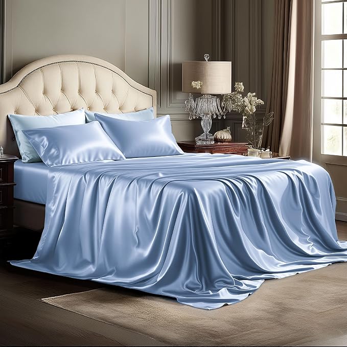 Bedsure Satin Sheets Full Size - 4 Piece Silky Bedsheets with Elastic Corner Straps and 15 Inches Deep Pocket Fitted Bedsheet,1 Flat Sheet, 2 Satin Pillowcases, Good for Hair & Skin (Full, Sky Blue)