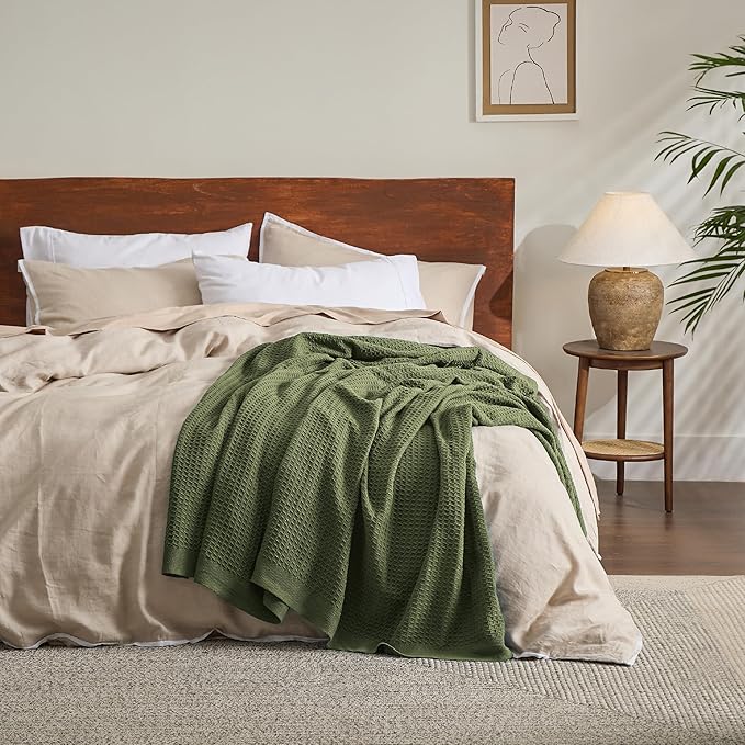 Bedsure Gentlesoft 100% Cotton Throw Blanket for Couch 50x70 inches - Breathable and Soft for Spring Summer, Waffle Weave Throw Blanket for Office, Olive Green