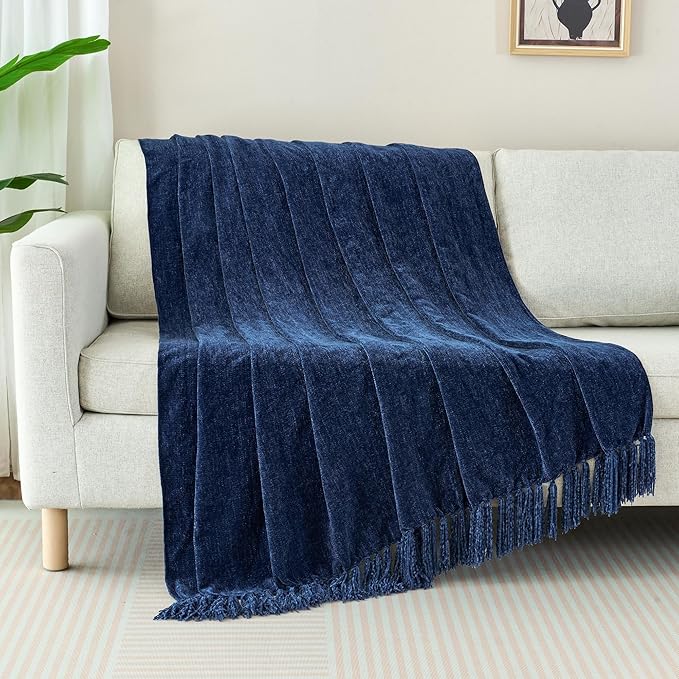 Chenille Throw Blanket for Couch with Tassels,60"X80" Soft Cozy Lightweight Knitted Boho Decorative Blankets for Bed and Sofa,Navy Blue