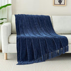 Chenille Throw Blanket for Couch with Tassels,60"X80" Soft Cozy Lightweight Knitted Boho Decorative Blankets for Bed and Sofa,Navy Blue