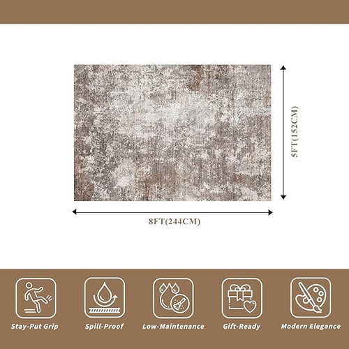 5x8 Washable Living Room Area Rug – Modern Neutral Abstract Rug for Bedroom, Kitchen, Dining Room – Non-Slip Low Pile Soft Indoor Carpet (Brown Beige,5x8)