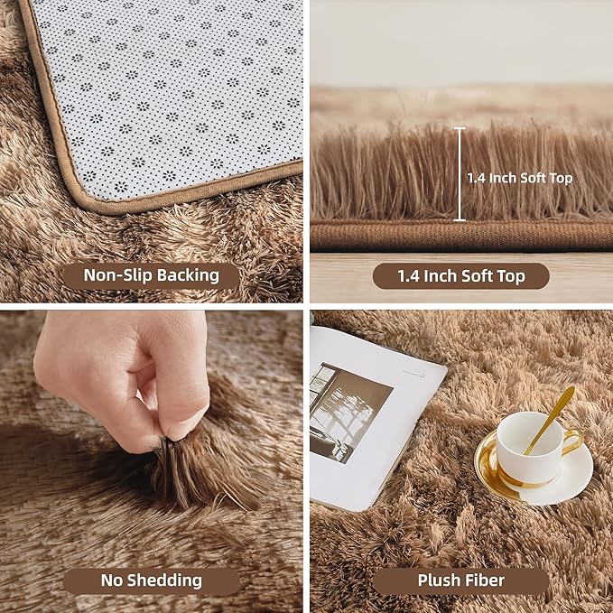 Litanika 8x10 Shag Area Rug for Living Room Bedroom, Tie-Dyed Brown High Pile Soft Plush Shaggy Furry Bedside Playroom Dorm Carpet, Non-Slip, Non-Shedding Modern Indoor Floor Rug