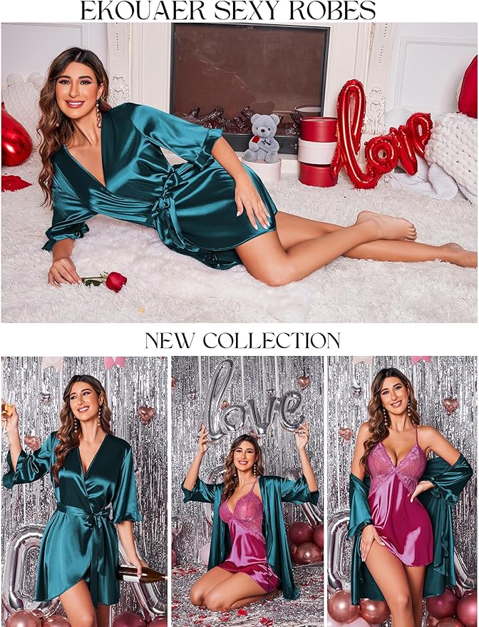 Ekouaer Women's Satin Robe Valentines Lingerie for Women Kimono Bathrobe Short Ruffle Belted Robes Bridesmaids Sleepwear
