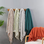 Striped Knit Throw Blanket with Braided Tassels 50" x 60", Hand Knitted Soft Chunky Chain Design Boho Farmhouse Blanket, Two Tone Tassel Decor Throw for Couch Bed Sofa Outdoor, Camel White