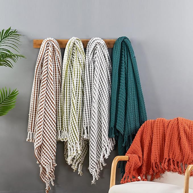 Striped Knit Throw Blanket with Braided Tassels 50" x 60", Hand Knitted Soft Chunky Chain Design Boho Farmhouse Blanket, Two Tone Tassel Decor Throw for Couch Bed Sofa Outdoor, Olive White