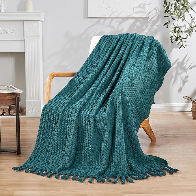 Striped Knit Throw Blanket with Braided Tassels 50" x 60", Hand Knitted Soft Chunky Chain Design Boho Farmhouse Blanket, Solid Color Tassel Decor Throw for Couch Bed Sofa Outdoor, Dark Teal