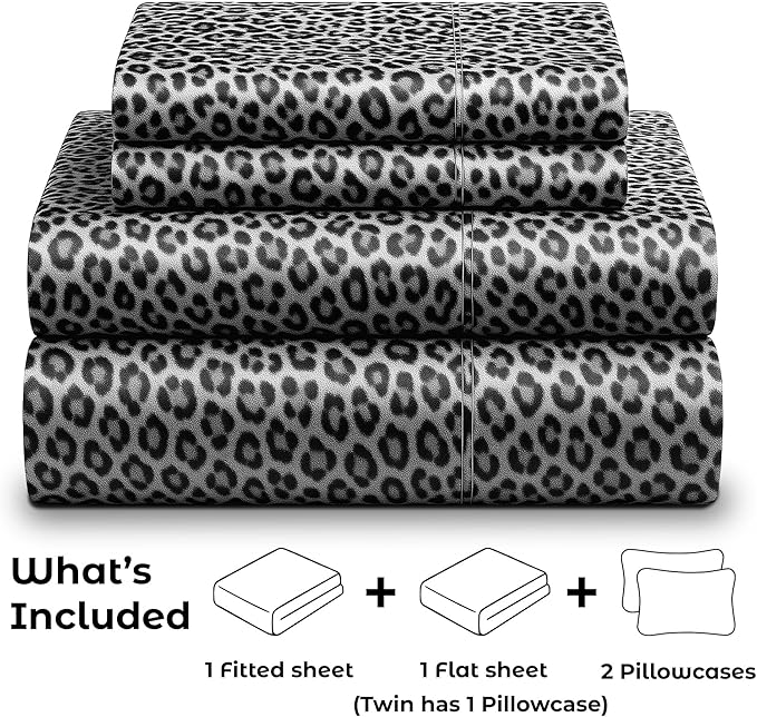 Satin Sheets California King [4-Piece, Silver Leopard] Silky Bed Sheets - Extra Soft 1800 Microfiber Sheet Set, Wrinkle, Fade, Stain Resistant - Deep Pocket Fitted Sheet, Flat Sheet, Pillow Cases