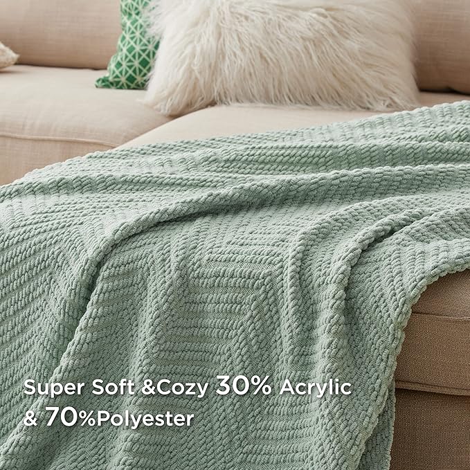 Bedsure Sage Green Throw Blanket for Couch - Versatile Knit Woven Chenille Spring Blanket for Chair, Super Soft, Warm & Decorative Throw with Tassels for Bed, Sofa and Living Room(Sage Green, Throw)