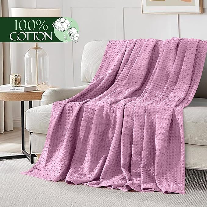 Elegant Comfort Premium 100% Cotton Waffle Blanket - Lightweight Breathable Waffle Weave Bed Blanket - Soft and Warm All Season Blanket for Couch, Sofa and Bed, Queen Size 90x90 Inches, Lavender