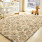 Litanika 5x8 Geometric Shag Area Rug for Bedroom, Camel and White High Pile Ultra Soft Plush Shaggy Furry Bedside Playroom Dorm Carpet, Non-Slip, Non-Shedding Indoor Floor Rug