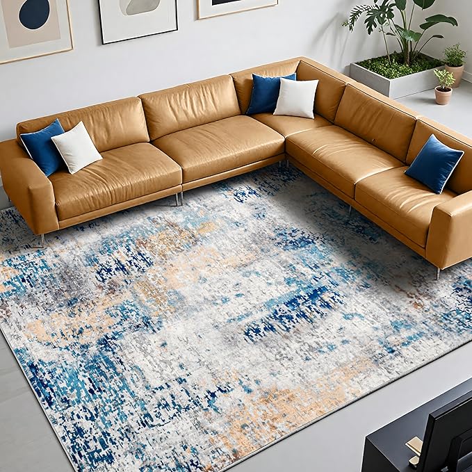 CRYPTOLITE 9x11 Area Rug for Living Room, Modern Washable Rug Non Slip Low Pile Large Area Rugs for Living Room, Bedroom, Farmhouse, Dining Room, Kids Playroom, Blue