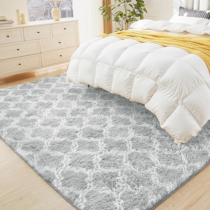 Litanika 3x5 Geometric Shag Area Rug for Bedroom, Light Grey and White High Pile Ultra Soft Plush Shaggy Furry Bedside Playroom Dorm Carpet, Non-Slip, Non-Shedding Indoor Floor Rug