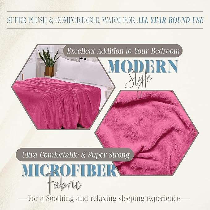 Elegant Comfort Luxury Velvety Feel Blanket, All-Season Lightweight Blanket, Ultra Plush, Soft, Cozy-Fuzzy Flannel Fleece for Couch, Sofa, Bed, Travel, Solid Design, King/California King, Hot Pink