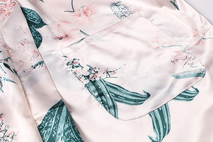 Valennia Women Long Silky Bathrobe Satin Kimono Robe Floral Printed Dressing Gown Sleepwear