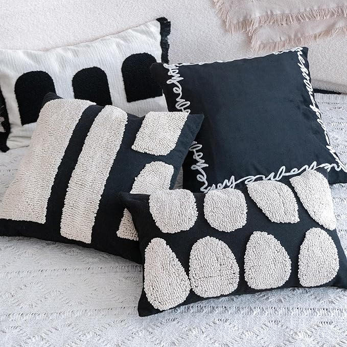 Black White Boho Chunky Tufted Pillow Cover, Neutral Decorative Oblong Throw Pillow Case, Geometric Woven Modern Sham for Bed Couch Living Room, 12x20 inches, 1PCS