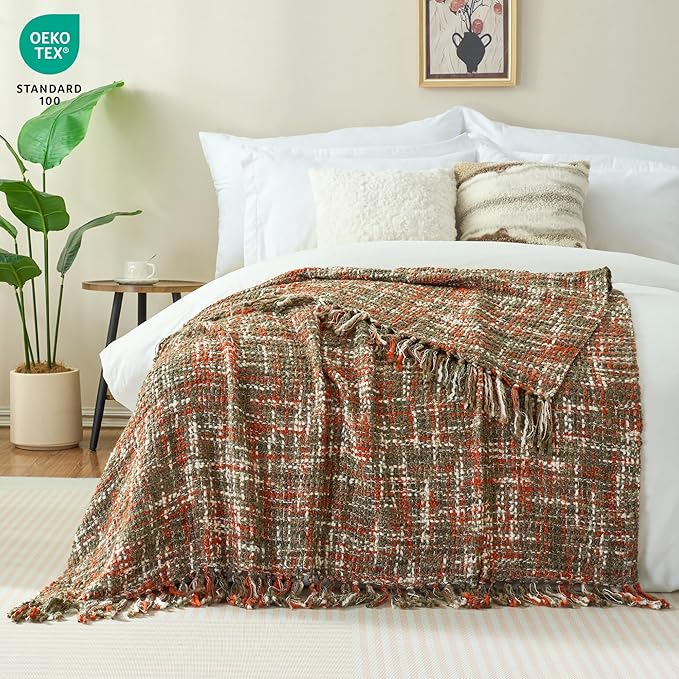 Multi-Color Orange Cable Woven Throw Blanket for Couch,60"X80" Boho Style Textured Blankets for Home Decor,Super Soft Warm Cozy Chunky Blanket with Decorative Tassels for Bed and Sofa