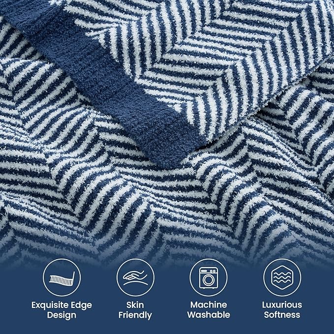 Snuggle Sac Herringbone Throw Blanket for Couch, Reversible Super Soft Warm Chervon Blankets, Cozy Knit Fuzzy Plush Lightweight Stripe Throws for Sofa, Bed, Camping, Navy, 50x60 inches