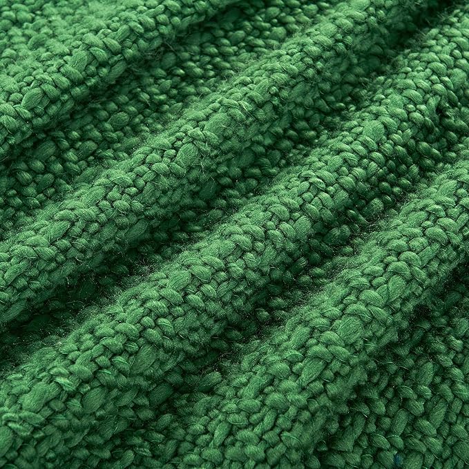 Chunky Knit Throw Blanket with Braided Tassels 50" x 60", Hand Knitted Soft Thick Yarn Basket Weave Boho Farmhouse Blanket, Plush Fluffy Tassel Decor Throw for Couch Bed Sofa, Christmas Green
